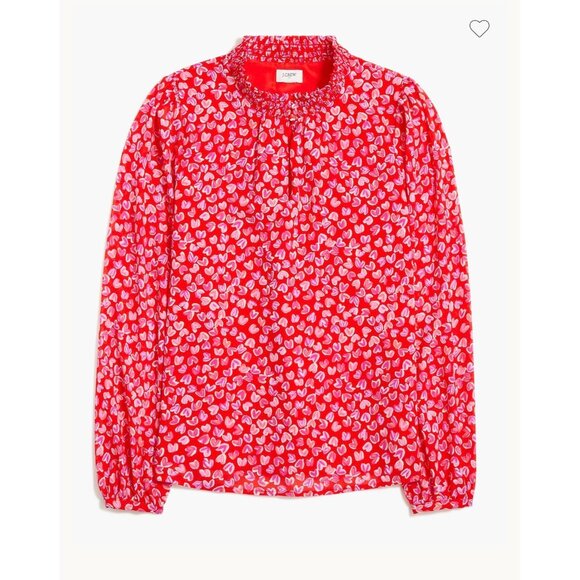 J.crew Tops - J.Crew Women’s Red Pink Heart Print Smocked Neck Feminine Blouse Size Small NWTD